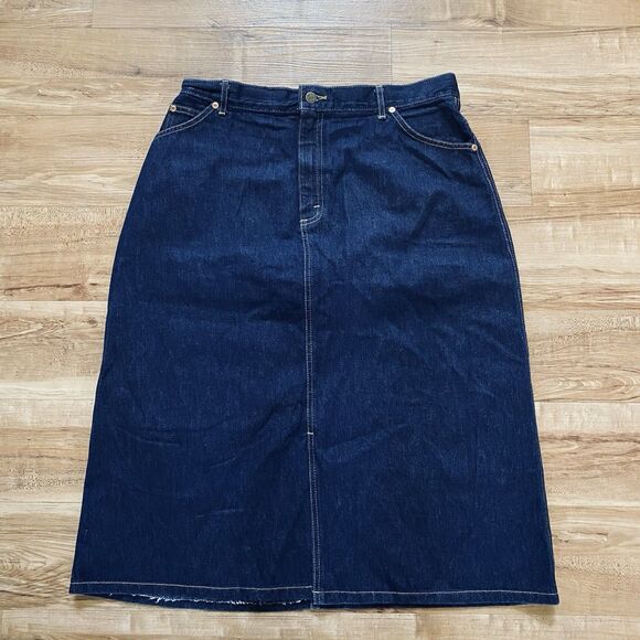 VTG LEE Jean Skirt 90s Women Size 18 Denim Midi Modest USA Pockets Retro Prairie - Picture 3 of 16